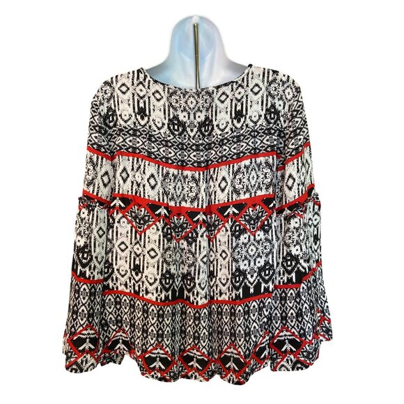 Westbound Boho Aztec Print Tunic Top XL Black White Red Flowy Long Sleeve - Picture 2 of 6